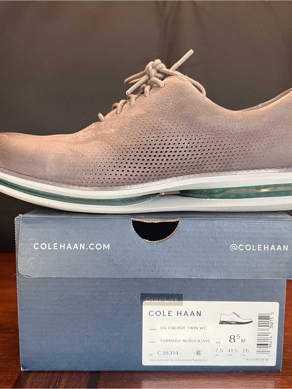 Cole Haan Gray Perforated Nubuck Oxford with Green Accent